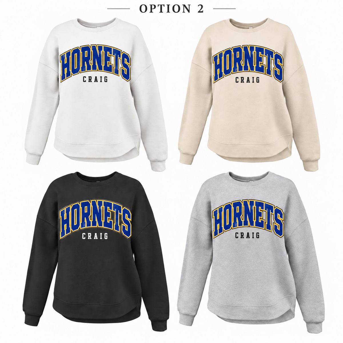 Craig Hornets Retro Script Tee, Crew, Hoodie & Curve Bottom Crew
