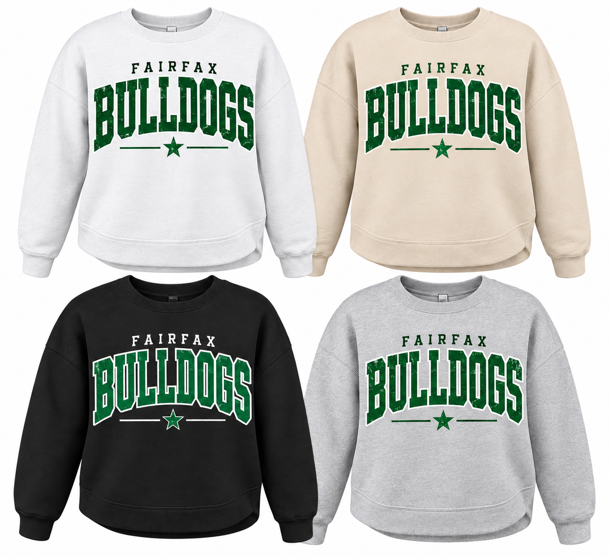 Fairfax Bulldogs Varsity Star Tee, Crew, Hoodie & Curve Bottom Crew