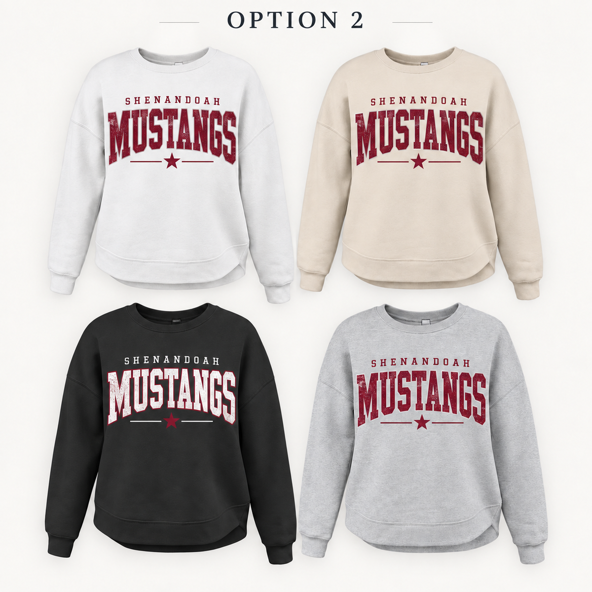 Shenandoah Mustangs Varsity Star Tee, Crew, Hoodie & Curve Bottom Crew