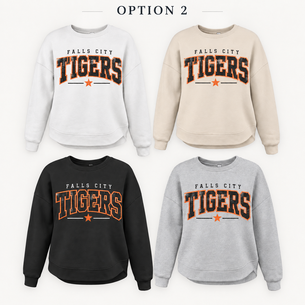 Falls City Tigers Varsity Star Tee, Crew, Hoodie & Curve Bottom Crew