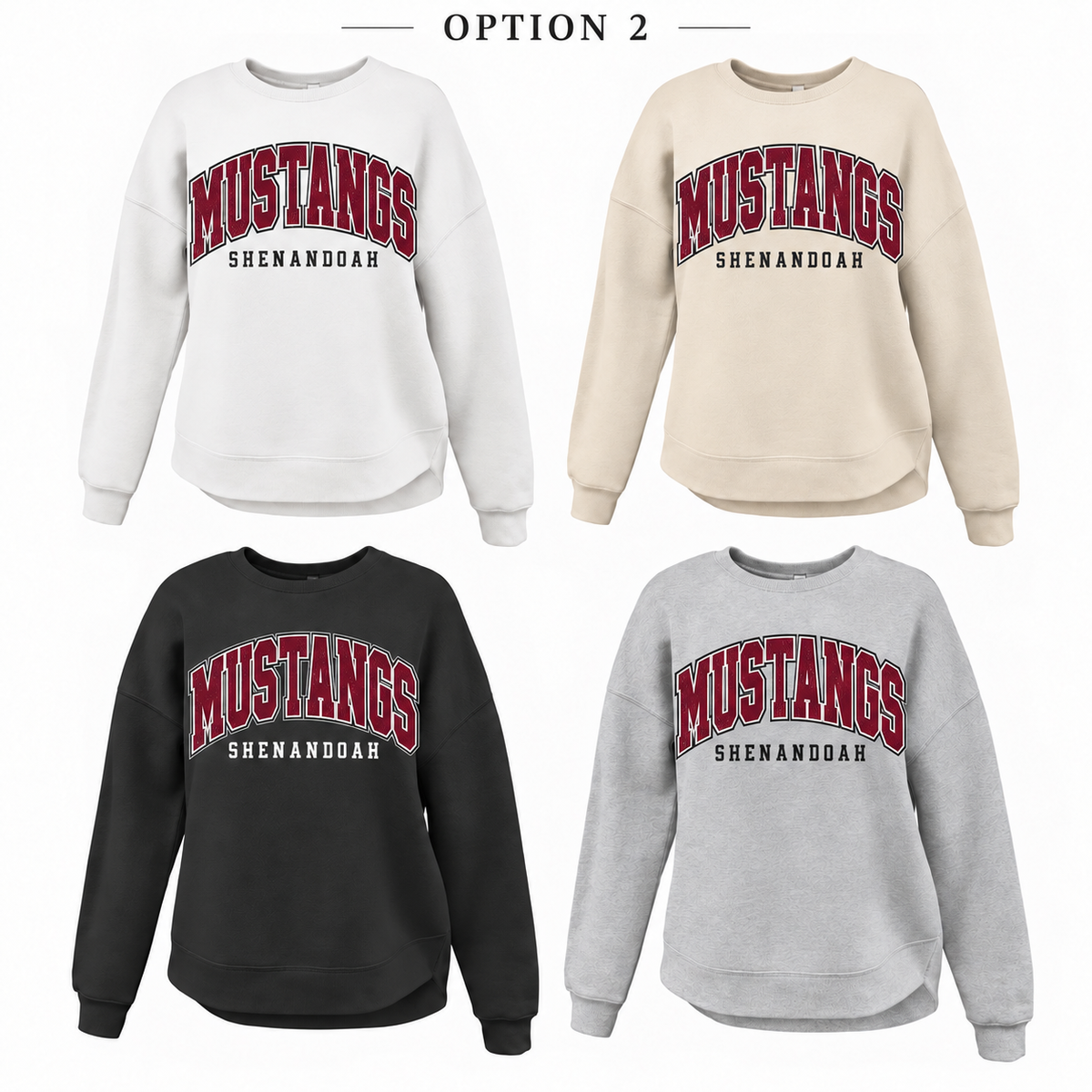 Shenandoah Mustangs Retro Script Tee, Crew, Hoodie & Curve Bottom Crew