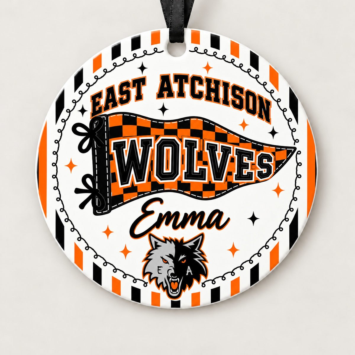 East Atchison Wolves Personalized Christmas Ornament, 4" Ceramic
