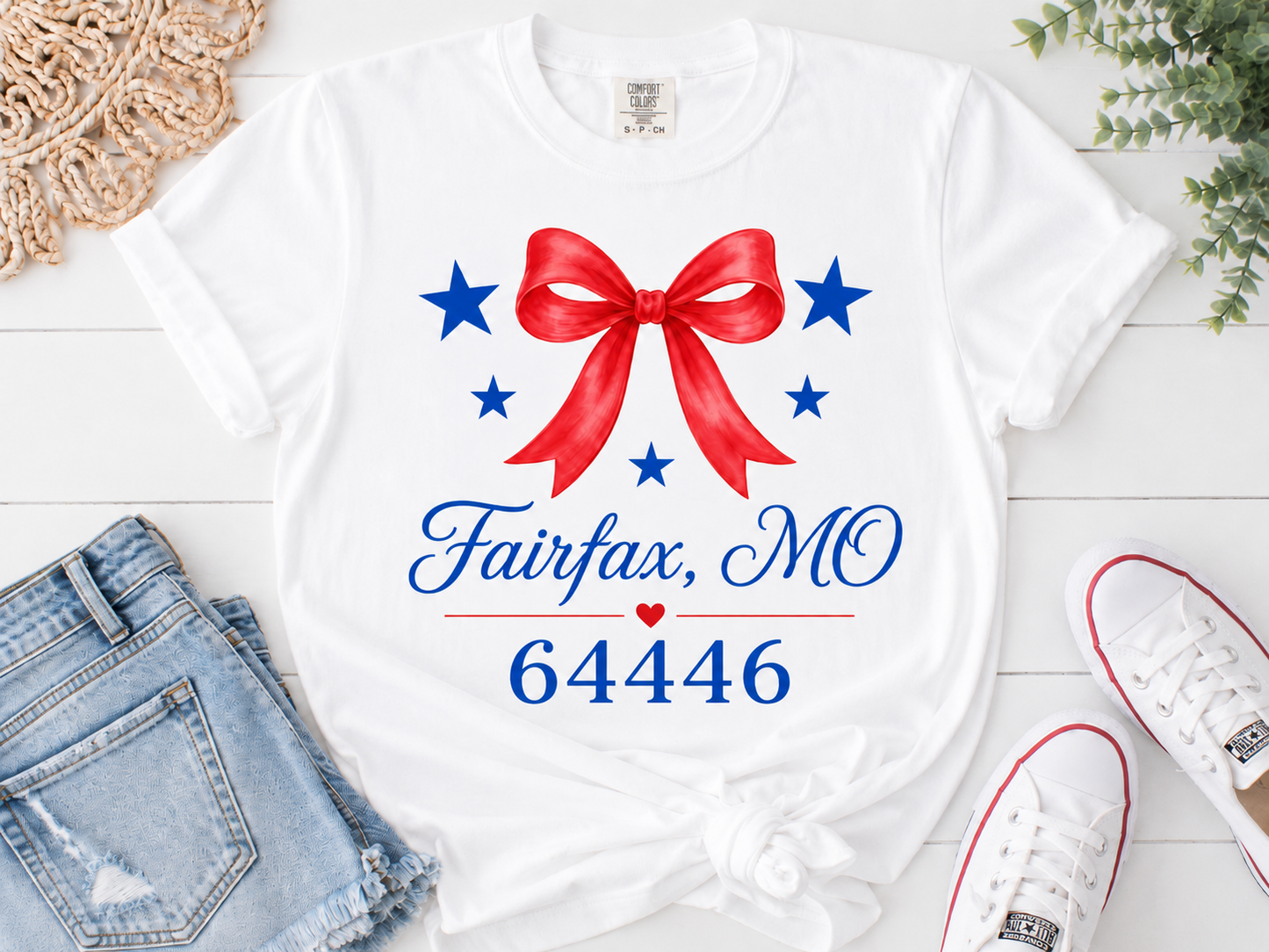 Custom Hometown Bow T-Shirt | Personalized City & Zip Code Patriotic Tee