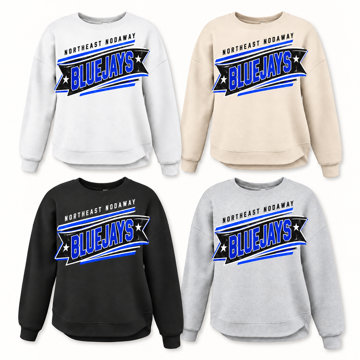 Northeast Nodaway Blue Jays Banner Tee, Crew, Hoodie & Curve Bottom Crew