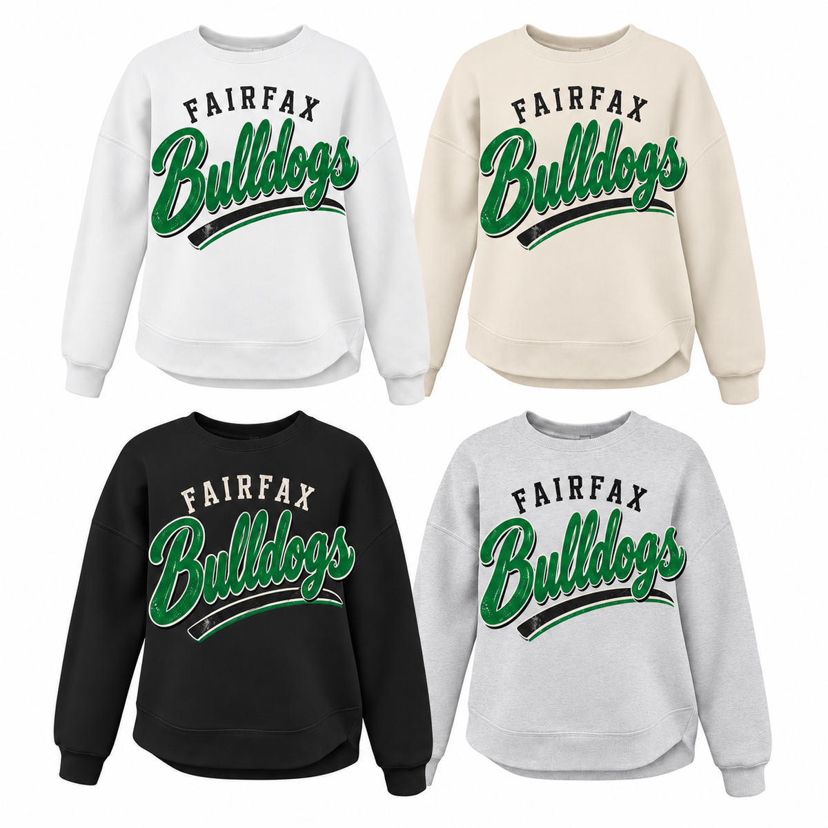 Fairfax Bulldogs Arched Varsity Tee, Crew, Hoodie & Curve Bottom Crew