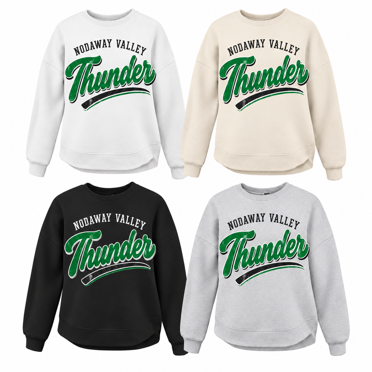 Nodaway Valley Thunder Arched Varsity Tee, Crew, Hoodie & Curve Bottom Crew