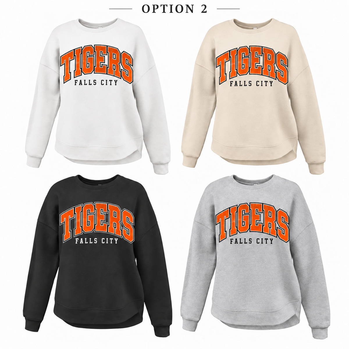 Falls City Tigers Retro Script Tee, Crew, Hoodie & Curve Bottom Crew