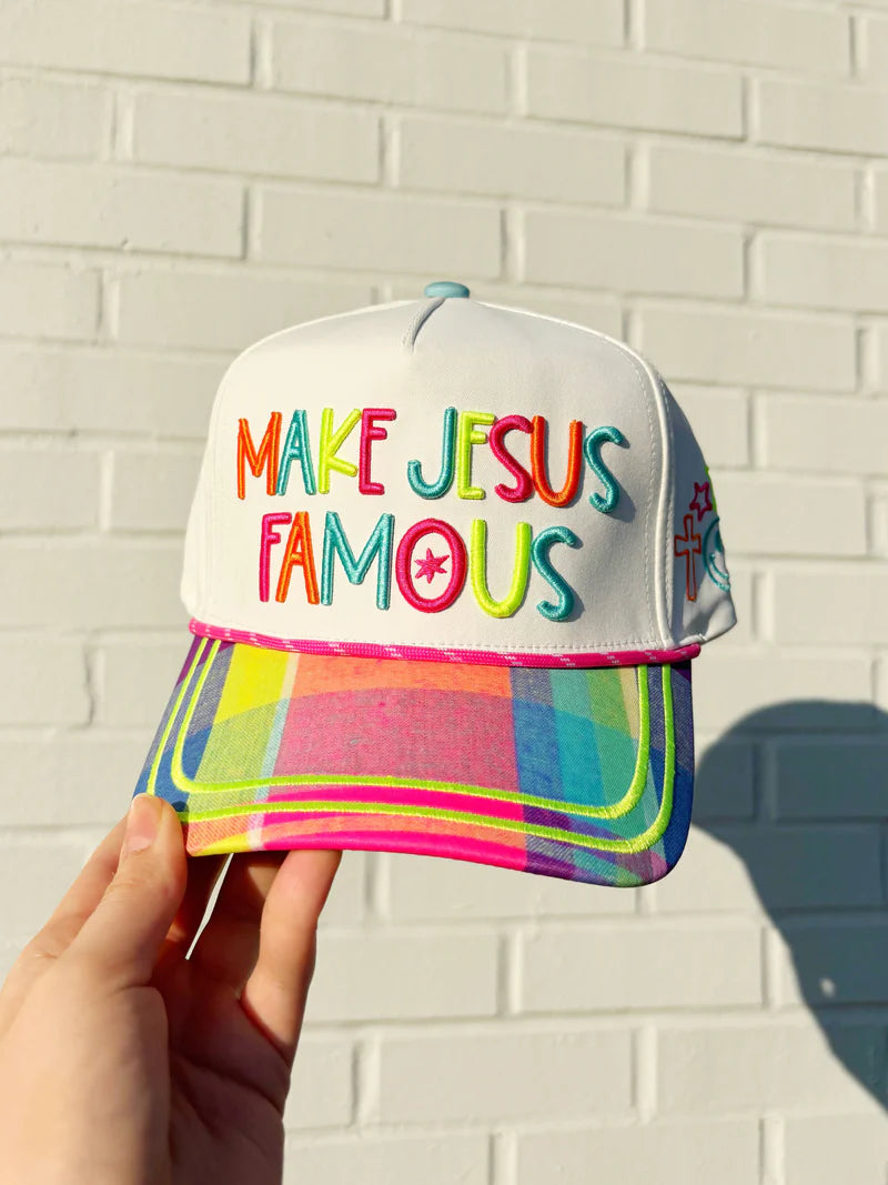 Make Jesus Famous — Colorful Plaid Embroidered Snapback