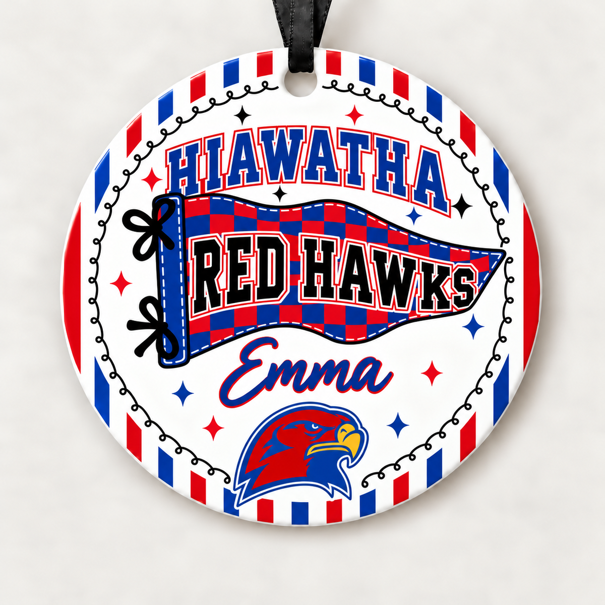 Hiawatha Red Hawks Personalized Christmas Ornament, 4" Ceramic