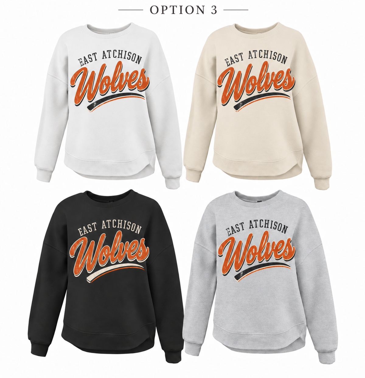 East Atchison Wolves Arched Varsity Tee, Crew, Hoodie & Curve Bottom Crew