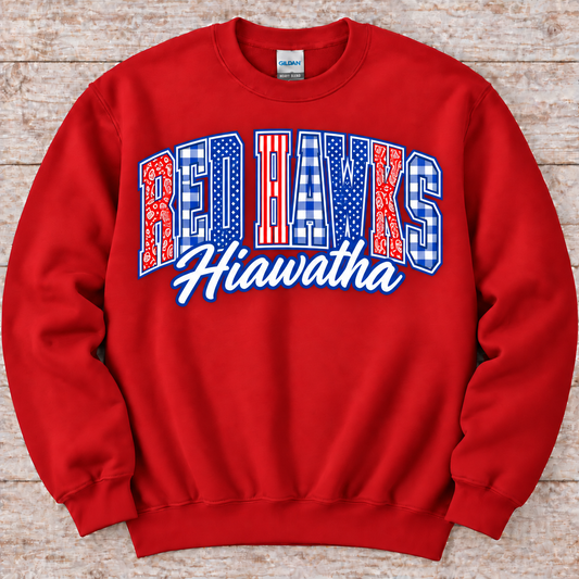 Hiawatha Red Hawks Patchwork Sweatshirt or Tee