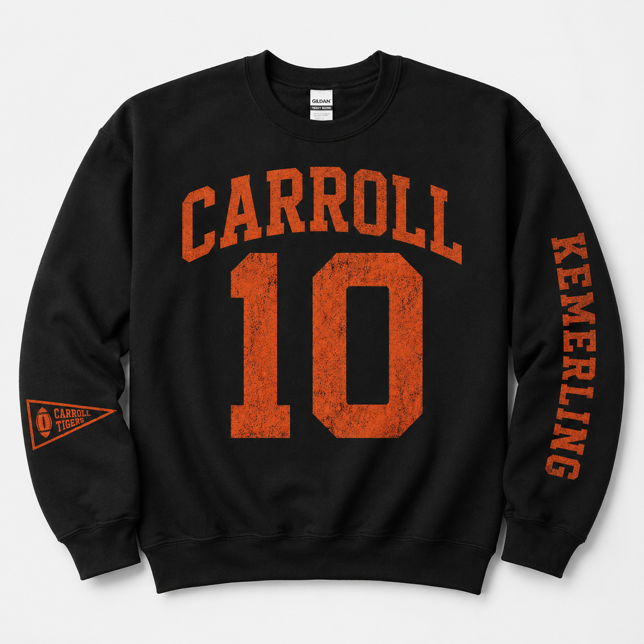 Black crewneck sweatshirt with arched team name and number on front, last name down the sleeve, and pennant at the hip