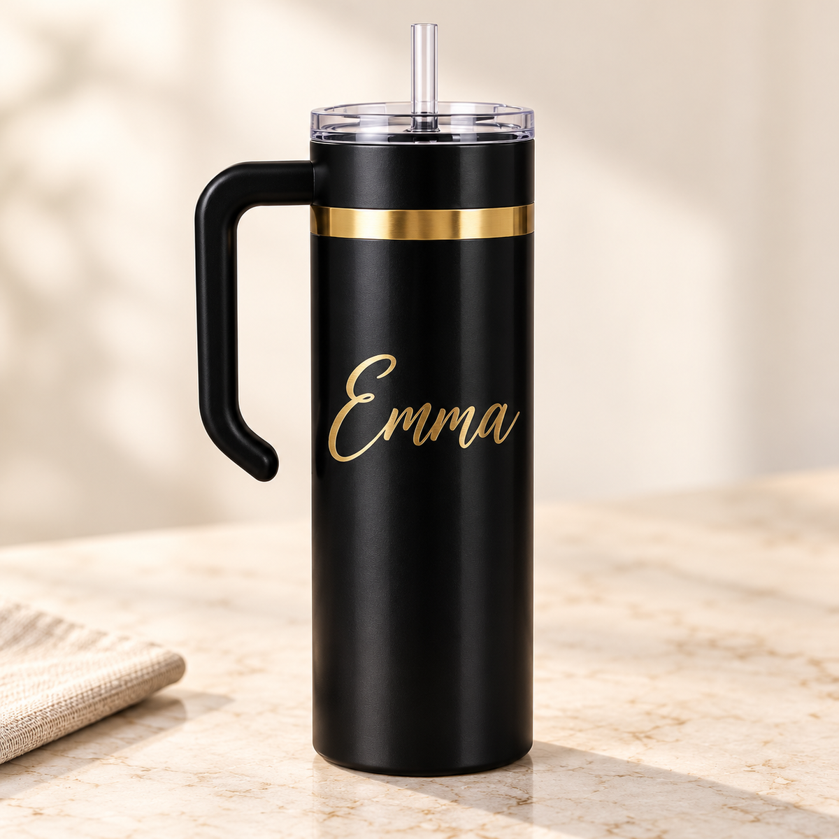 Personalized 20oz Skinny Tumbler with Handle — Gold Engraved