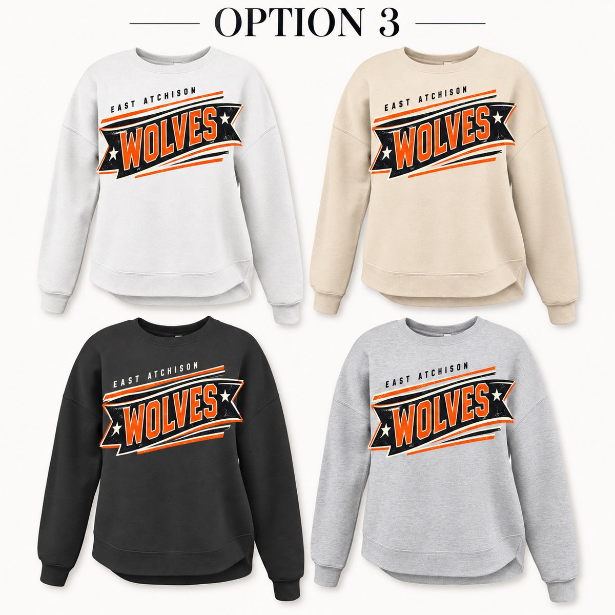 East Atchison Wolves Banner Tee, Crew, Hoodie & Curve Bottom Crew
