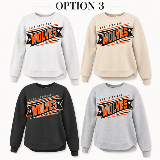 East Atchison Wolves Banner Tee, Crew, Hoodie & Curve Bottom Crew