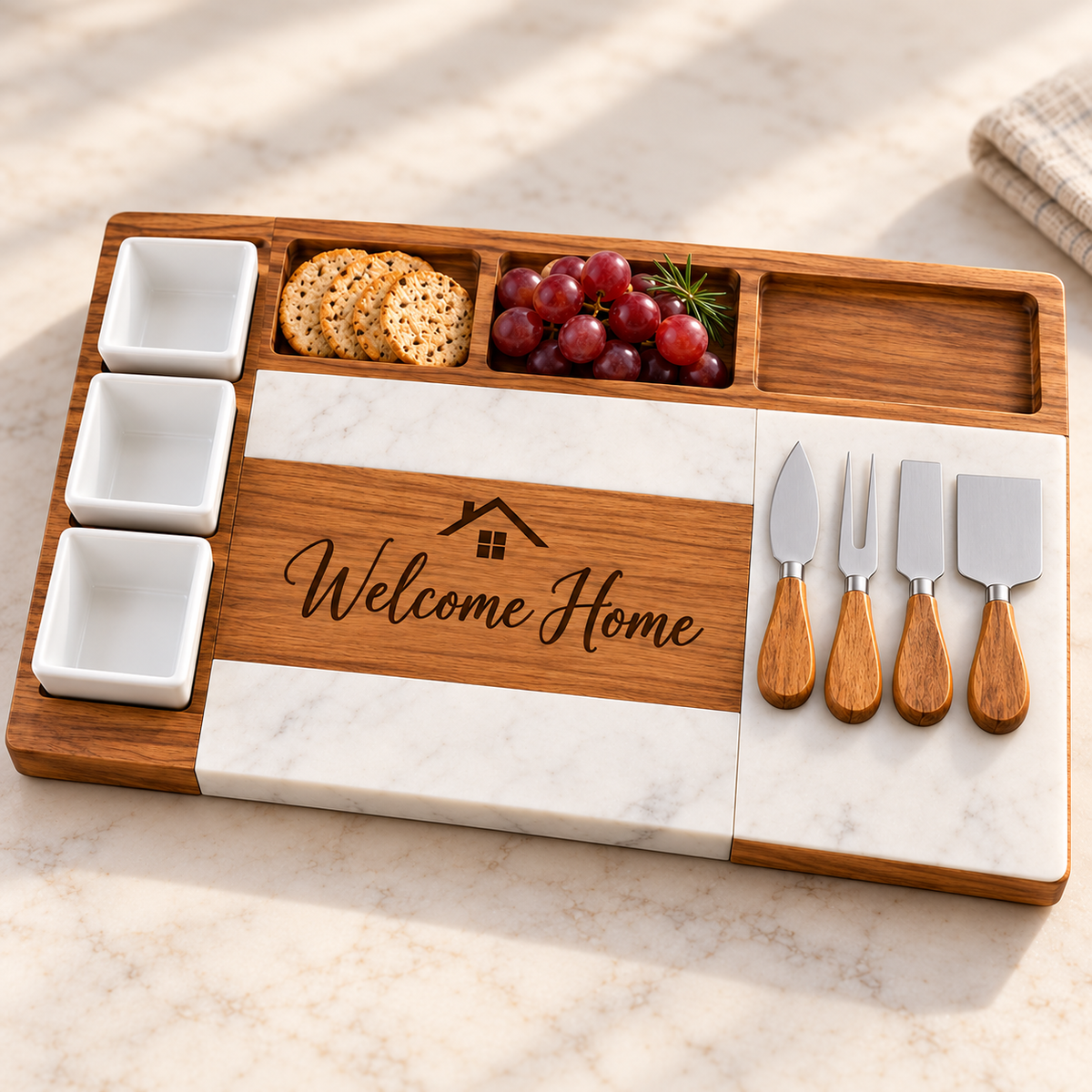 Personalized Charcuterie Board Gift Set — Wood & Marble with Ceramic Bowls & Cheese Tools