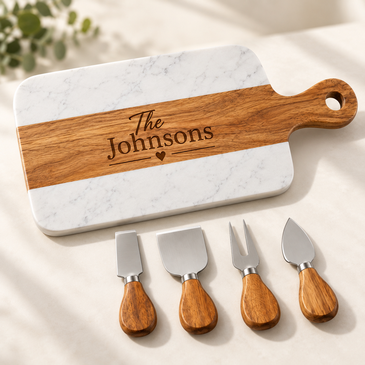 Personalized Charcuterie Set — Marble & Acacia Wood Paddle Board with Cheese Tools