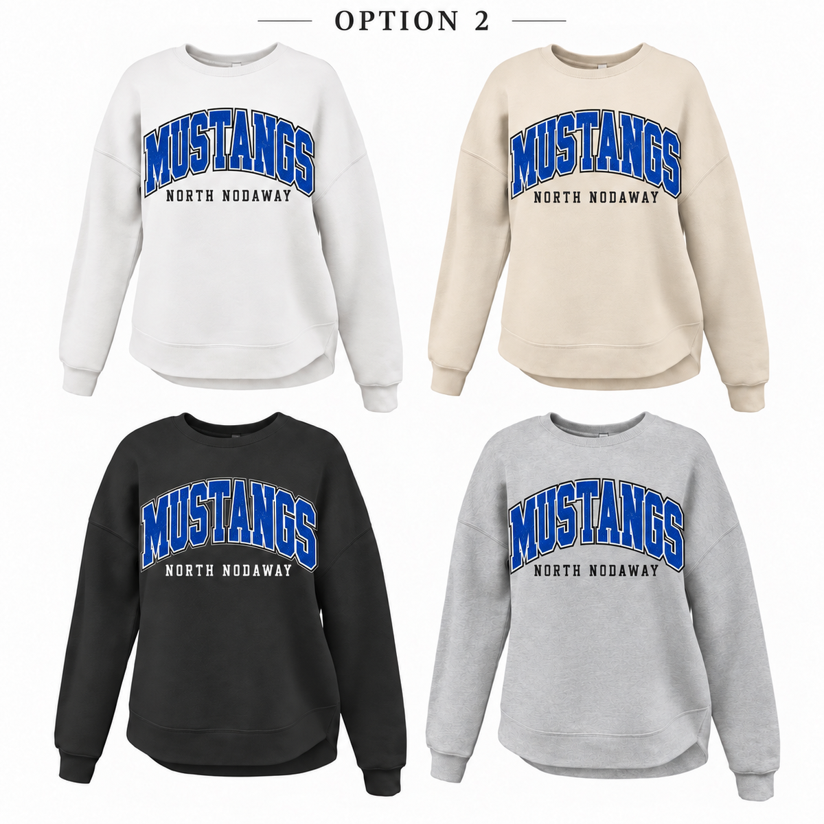 North Nodaway Mustangs Retro Script Tee, Crew, Hoodie & Curve Bottom Crew