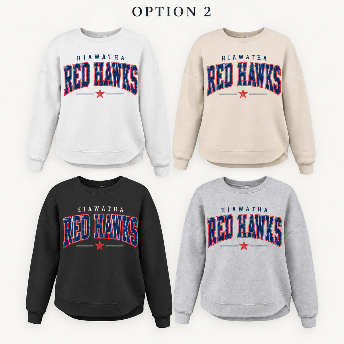 Hiawatha Red Hawks Varsity Star Tee, Crew, Hoodie & Curve Bottom Crew