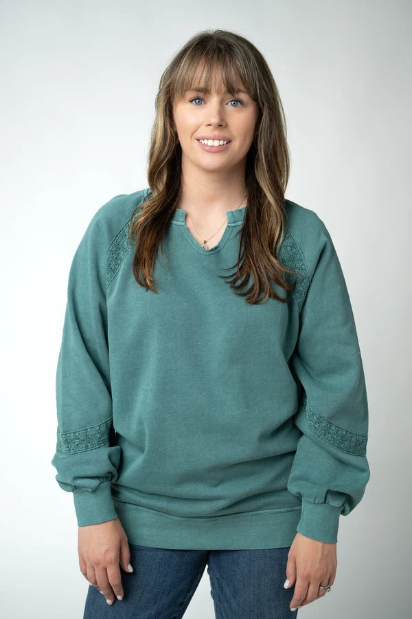 Lace Accent Vintage Wash Pullover