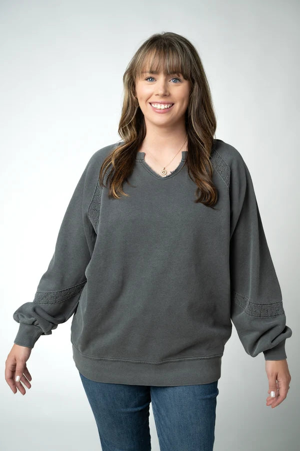 Lace Accent Vintage Wash Pullover