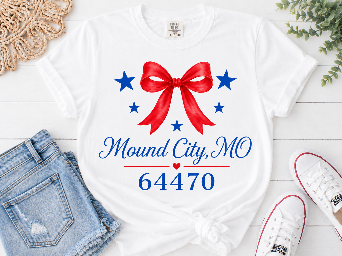 Custom Hometown Bow T-Shirt | Personalized City & Zip Code Patriotic Tee