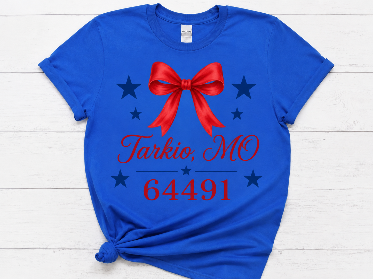 Custom Hometown Bow T-Shirt | Personalized City & Zip Code Patriotic Tee