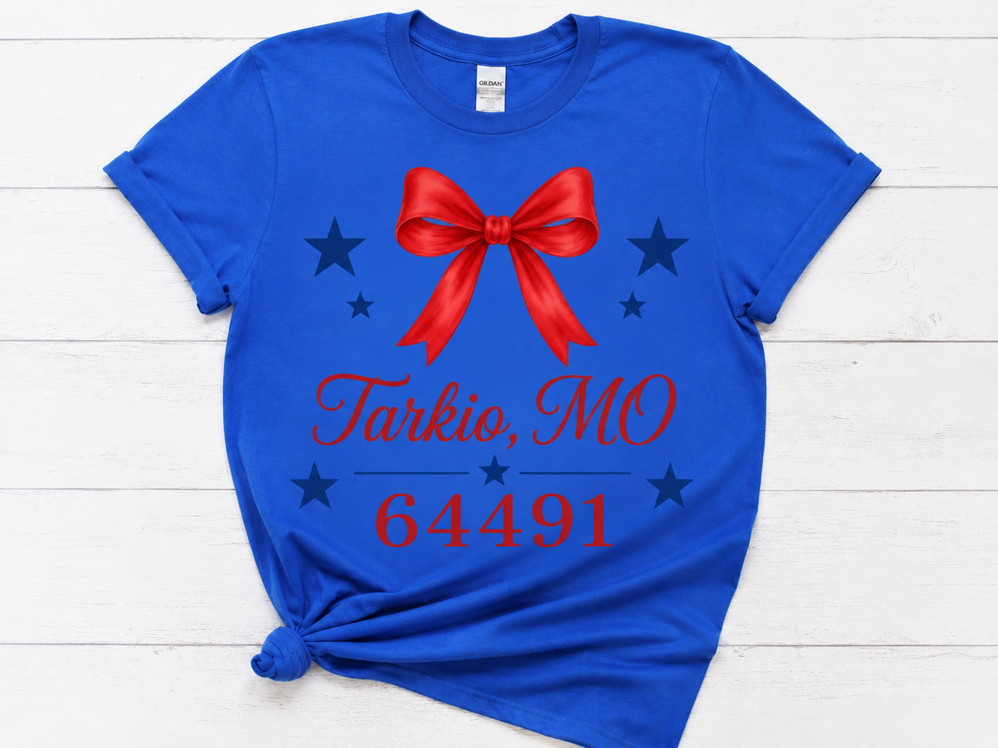 Custom Hometown Bow T-Shirt | Personalized City & Zip Code Patriotic Tee