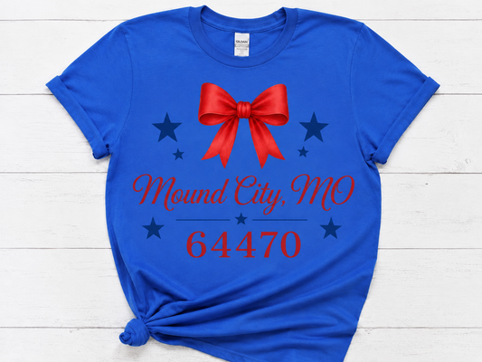 Custom Hometown Bow T-Shirt | Personalized City & Zip Code Patriotic Tee