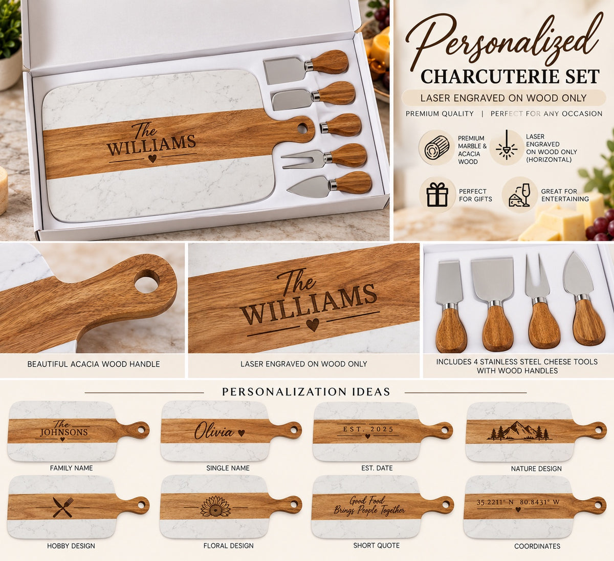 Personalized Charcuterie Set — Marble & Acacia Wood Paddle Board with Cheese Tools
