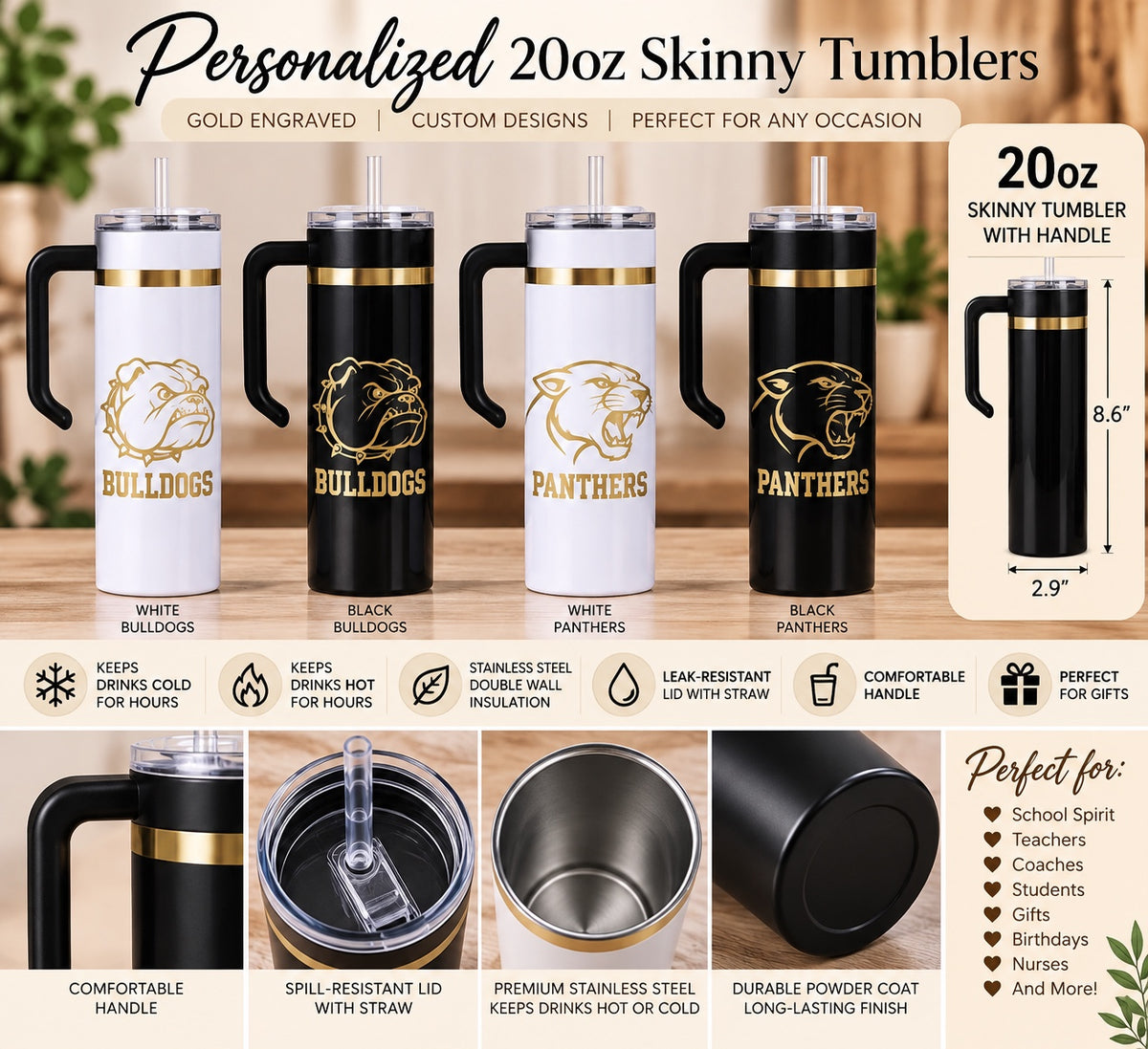 Personalized 20oz Skinny Tumbler with Handle — Gold Engraved