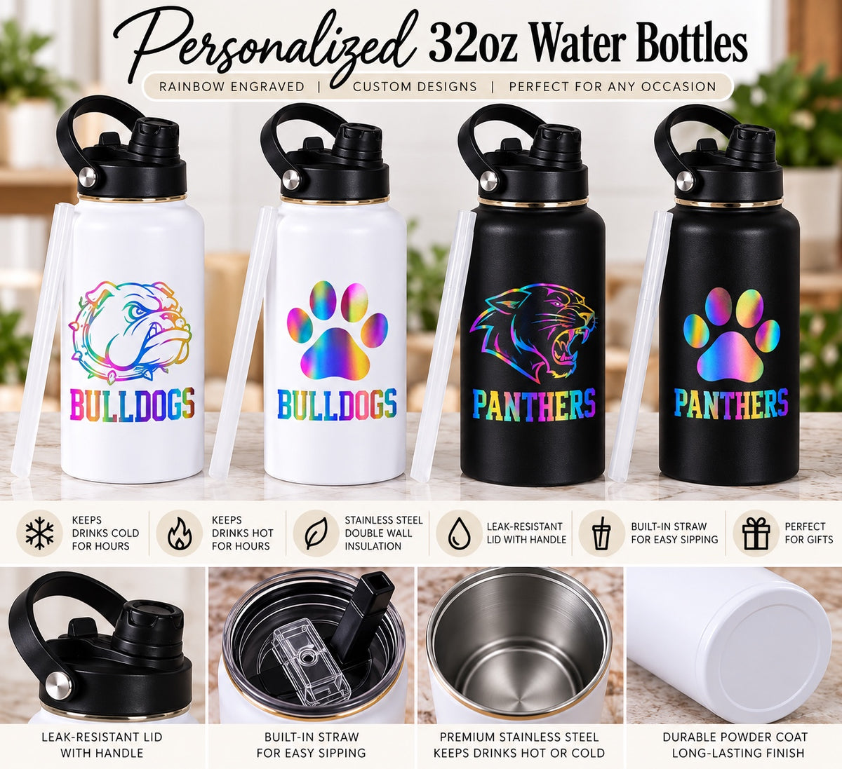 Personalized 32oz Water Bottle — Rainbow Engraved