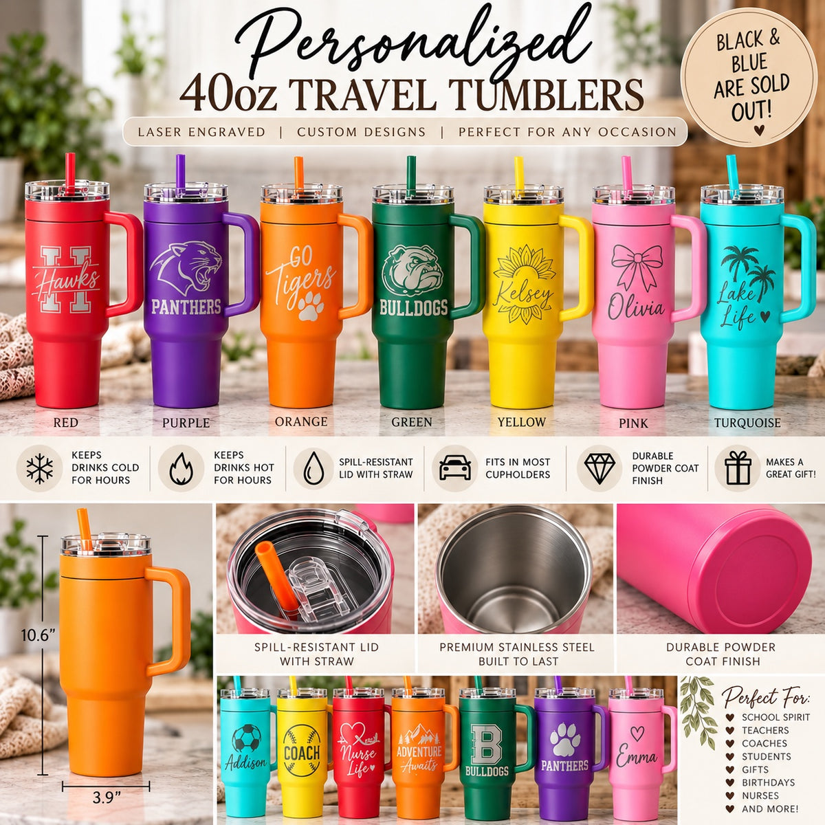 Personalized 40oz Travel Tumbler with Handle