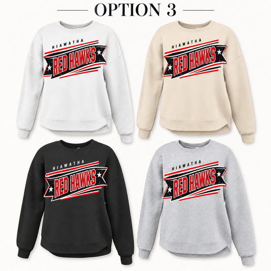 Hiawatha Red Hawks Banner Tee, Crew, Hoodie & Curve Bottom Crew