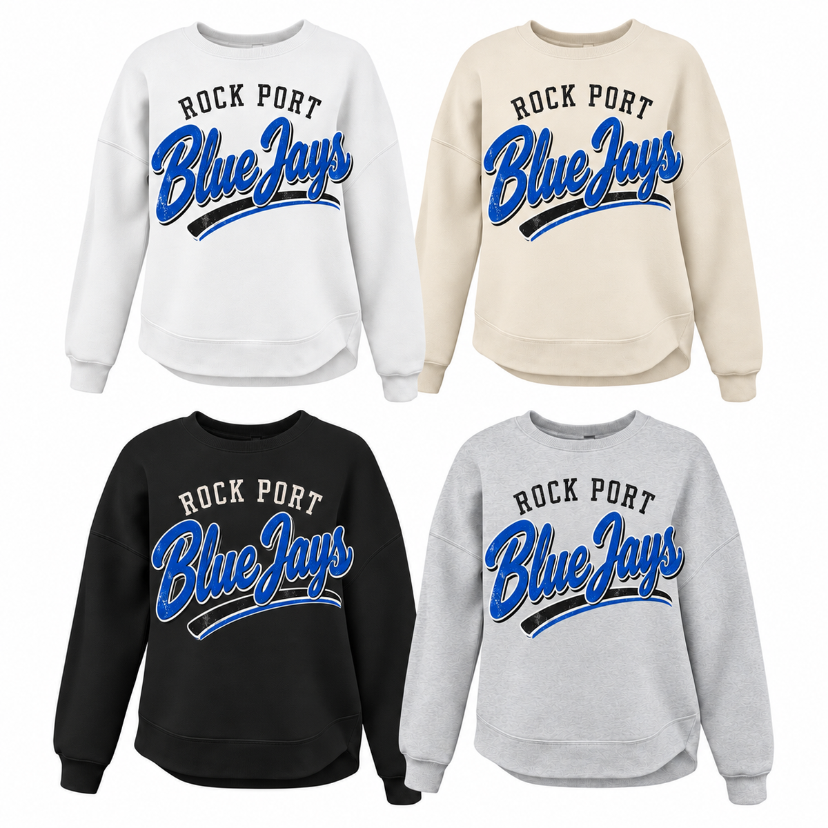 Rock Port Blue Jays Arched Varsity Tee, Crew, Hoodie & Curve Bottom Crew