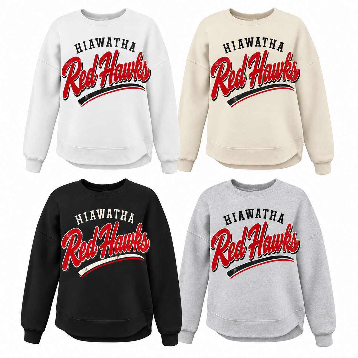 Hiawatha Red Hawks Arched Varsity Tee, Crew, Hoodie & Curve Bottom Crew