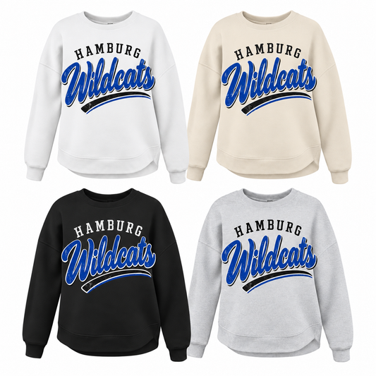 Hamburg Wildcats Arched Varsity Tee, Crew, Hoodie & Curve Bottom Crew
