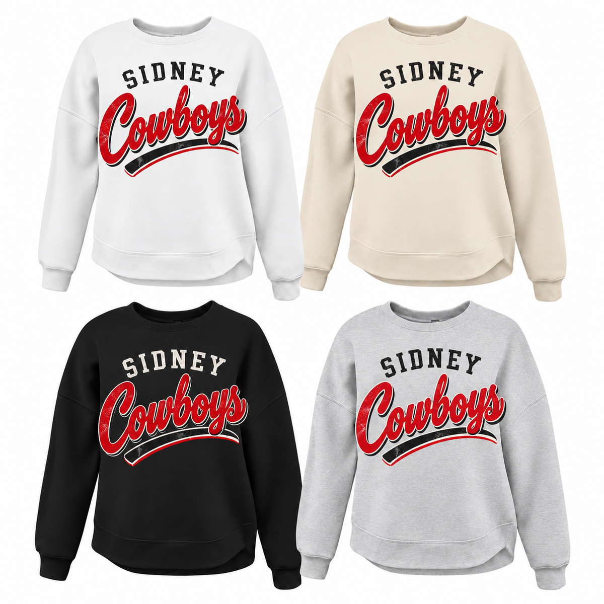 Sidney Cowboys Arched Varsity Tee, Crew, Hoodie & Curve Bottom Crew