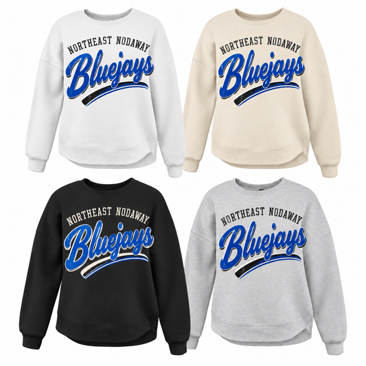 Northeast Nodaway Blue Jays Arched Varsity Tee, Crew, Hoodie & Curve Bottom Crew