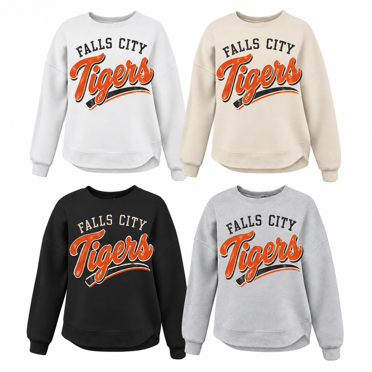 Falls City Tigers Arched Varsity Tee, Crew, Hoodie & Curve Bottom Crew