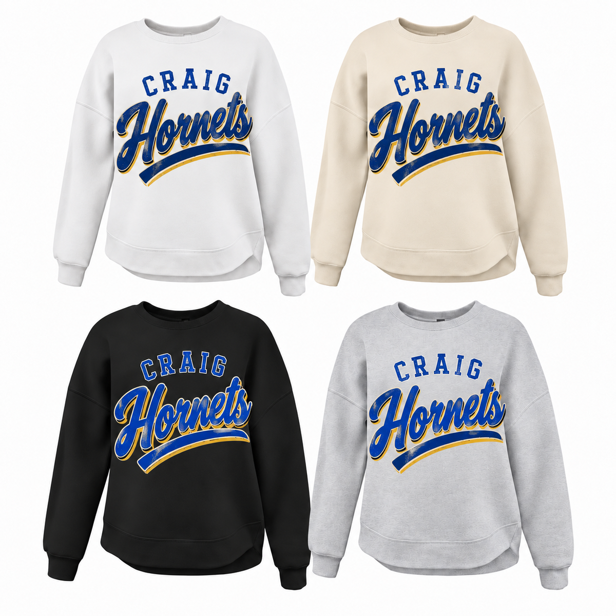 Craig Hornets Arched Varsity Tee, Crew, Hoodie & Curve Bottom Crew