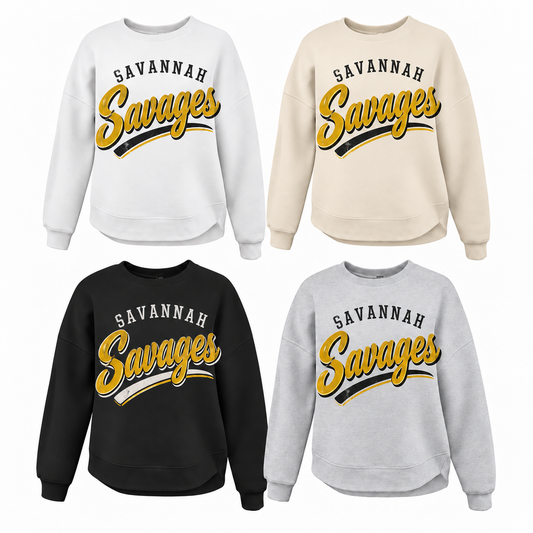 Savannah Savages Arched Varsity Tee, Crew, Hoodie & Curve Bottom Crew