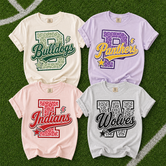 Youth Custom Leopard Varsity Letter Tee — Your Mascot & Colors