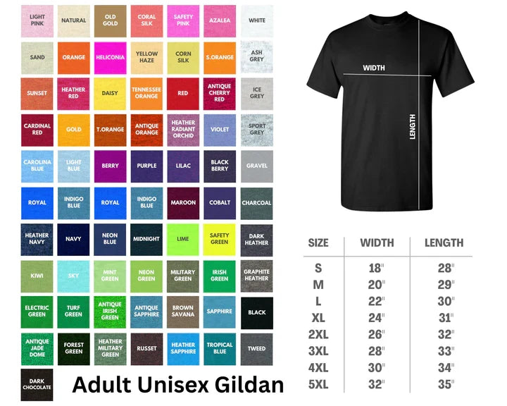 Gildan 5000 color and size chart
