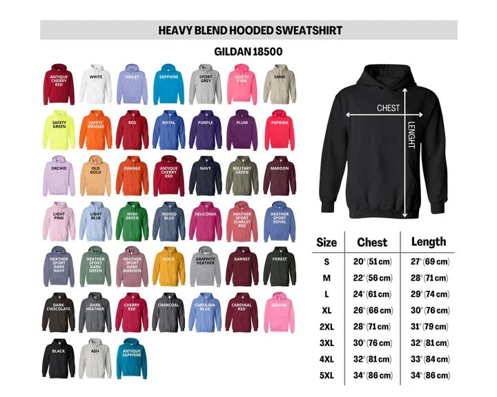Gildan 18500 color and size chart