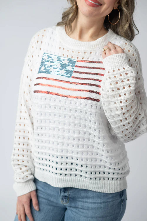 USA Sequin Flag Open Knit Pullover