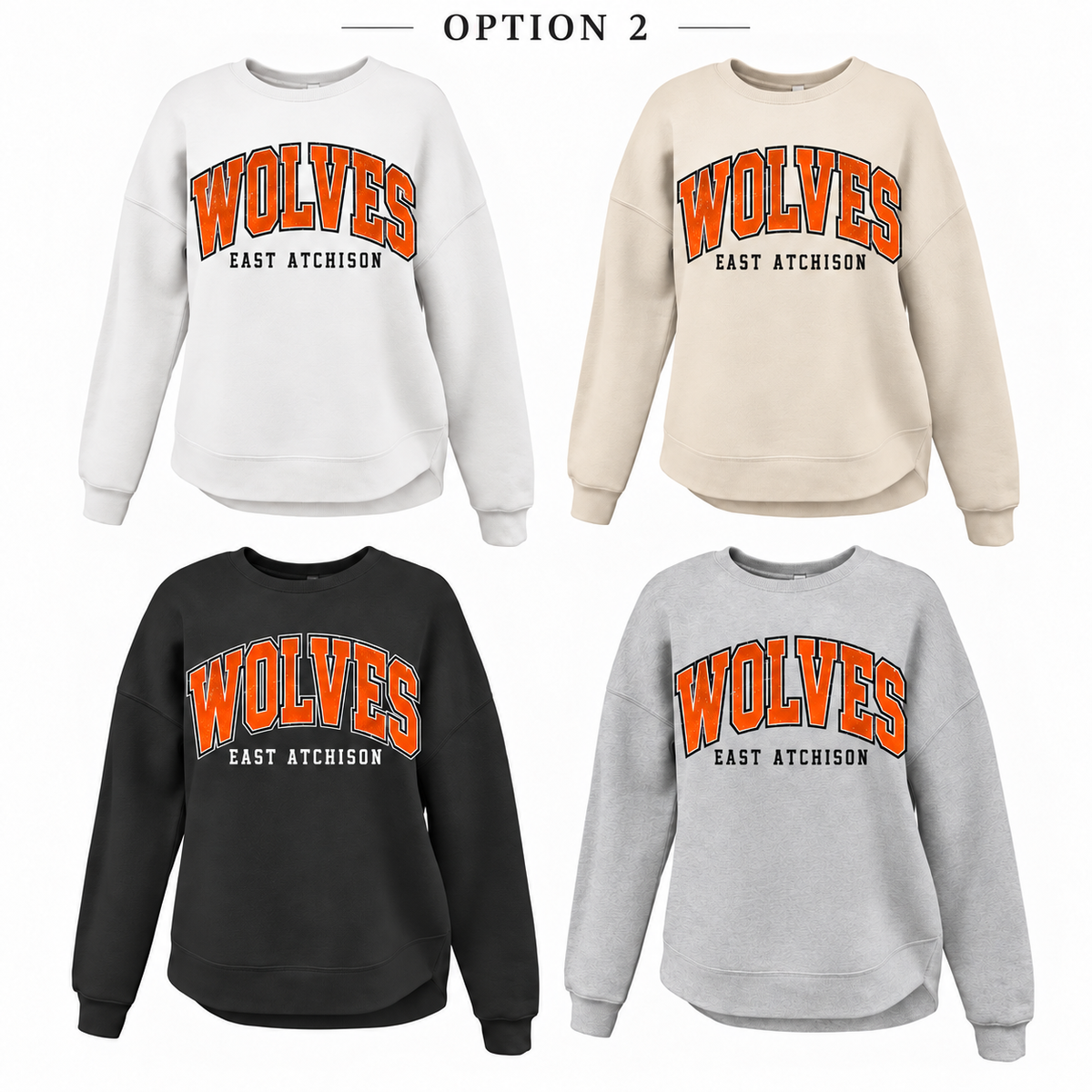 East Atchison Wolves Retro Script Tee, Crew, Hoodie & Curve Bottom Crew