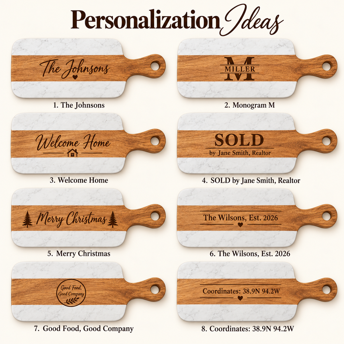 Personalized Charcuterie Set — Marble & Acacia Wood Paddle Board with Cheese Tools