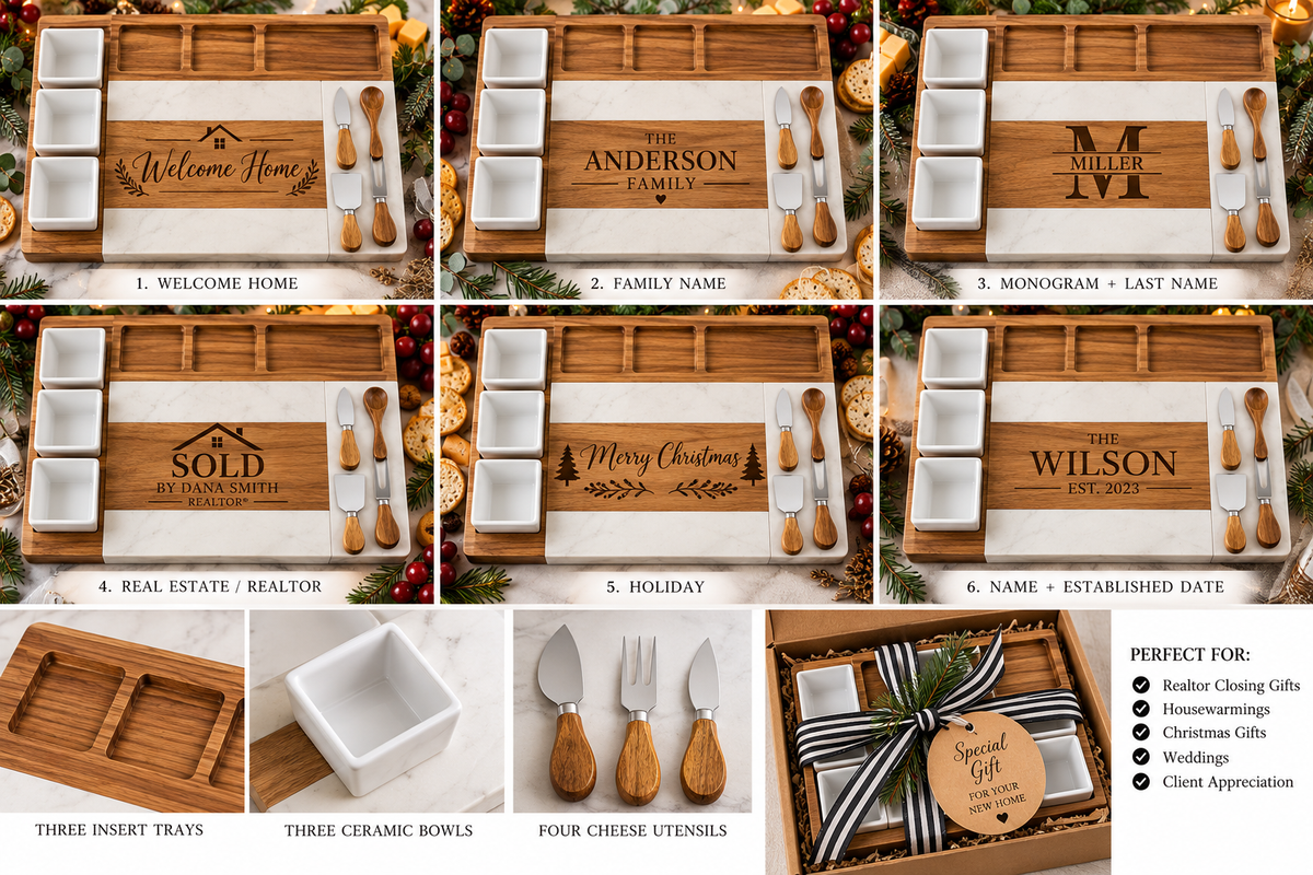 Personalized Charcuterie Board Gift Set — Wood & Marble with Ceramic Bowls & Cheese Tools