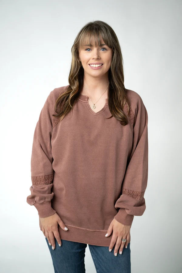 Lace Accent Vintage Wash Pullover